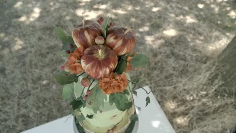 top view of a green and gold wedding cake adorned with crisp apples stands as a centrepiece on an outdoor table, radiating natural beauty and organic elegance perfect for a wedding celebration