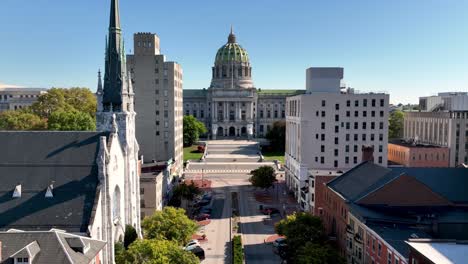 aerial slow push into the pennsylvania state house in harrisburg pennsylvania