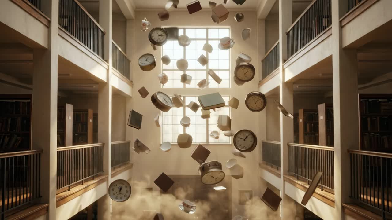 Livros surreais, relógios e xícaras flutuando em um grande átrio de biblioteca