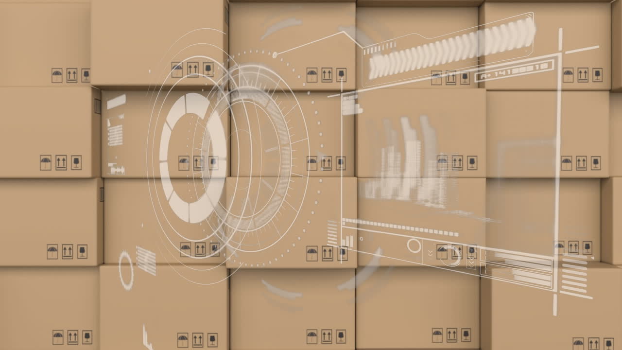 interfaz digital con procesamiento de datos contra la pila de cajas de entrega