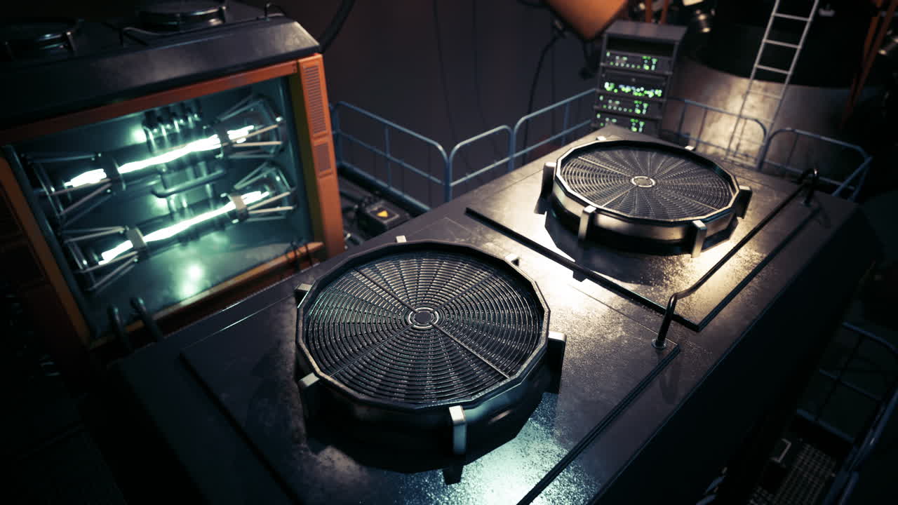 Futuristic laboratory featuring advanced machinery and dark metallic surfaces