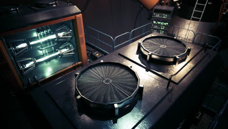futuristic laboratory featuring advanced machinery and dark metallic surfaces