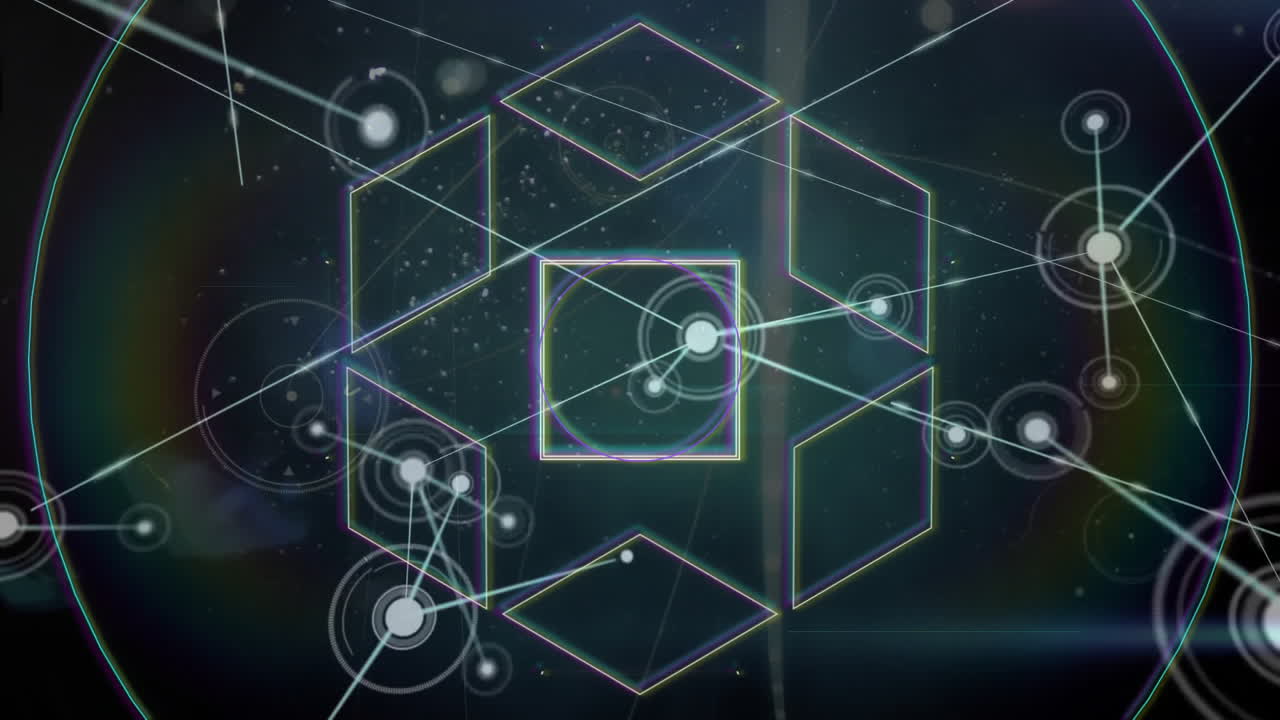animación de formas geométricas y conexiones de red sobre fondo oscuro con efectos de luz