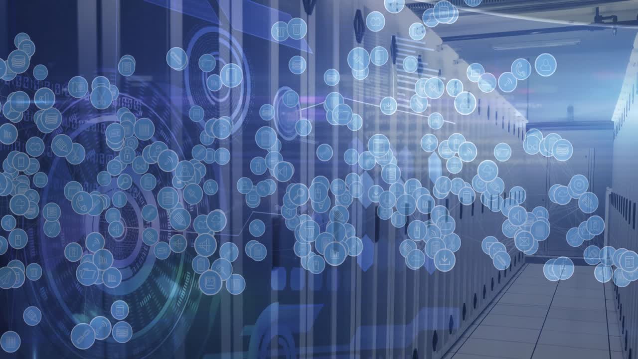 디지털 아이콘과 스 ⁇ 의 애니메이션은 백그라운드에서 컴퓨터 서버를 스캔합니다.