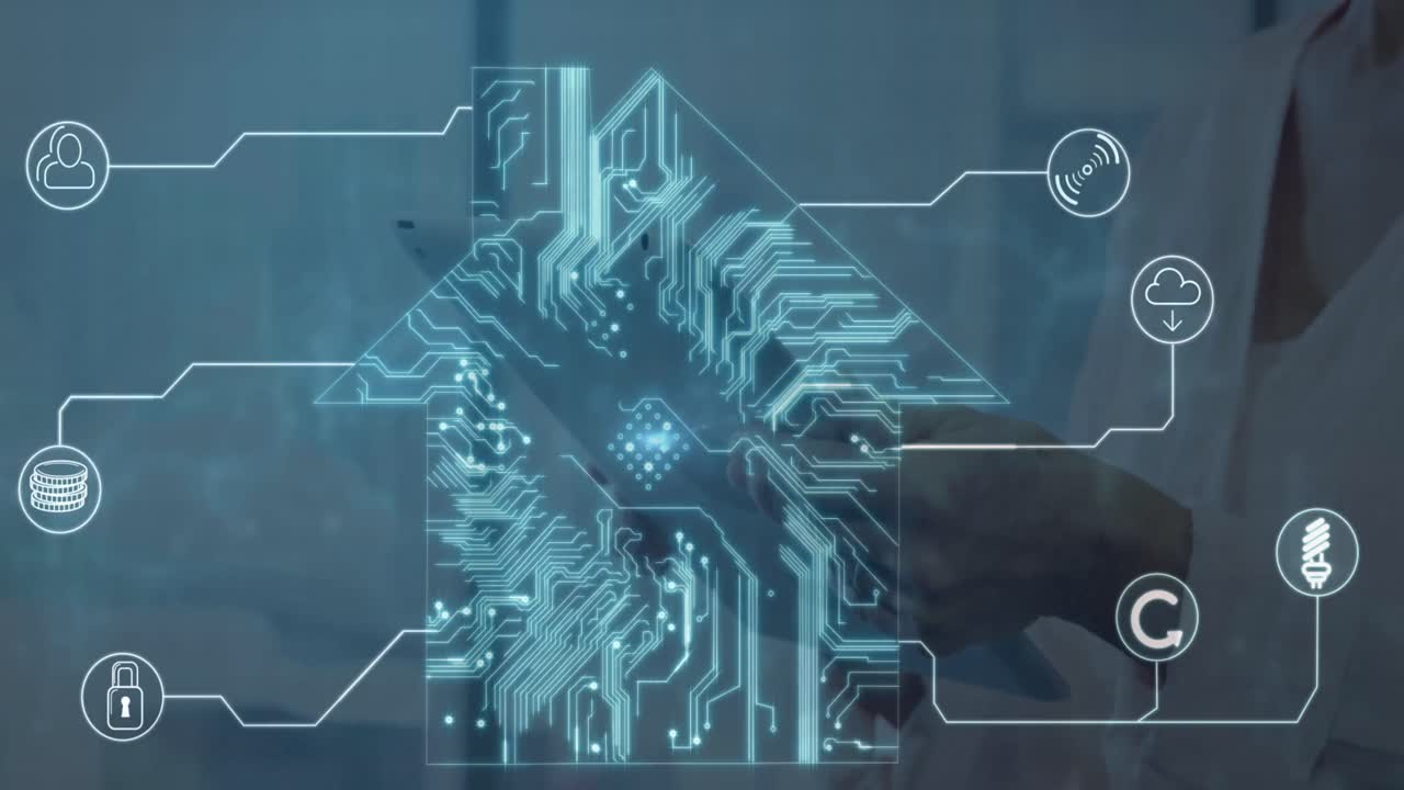 animación de procesamiento de datos sobre mujer caucásica con tableta