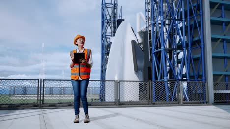cuerpo lleno de ingeniera femenina asiática con casco de seguridad mirando la tableta en su mano y mirando a su alrededor mientras está de pie con el transbordador espacial