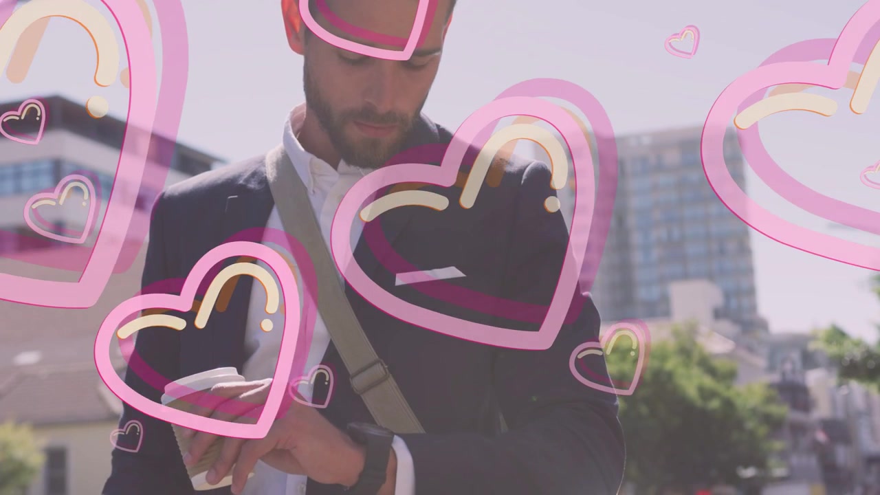 Commuter holding coffee, checking watch as animated hearts rising over business block for meeting