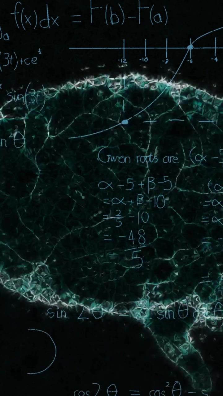 Animazione di equazioni matematiche su un modello digitale del cervello umano su sfondo nero