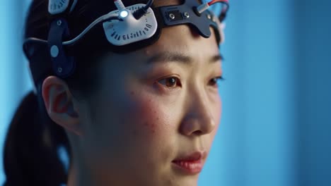 close-up portrait of a woman with a neurotechnology headset: exploring the boundaries of brain-computer interface innovations for future mind-machine integration
