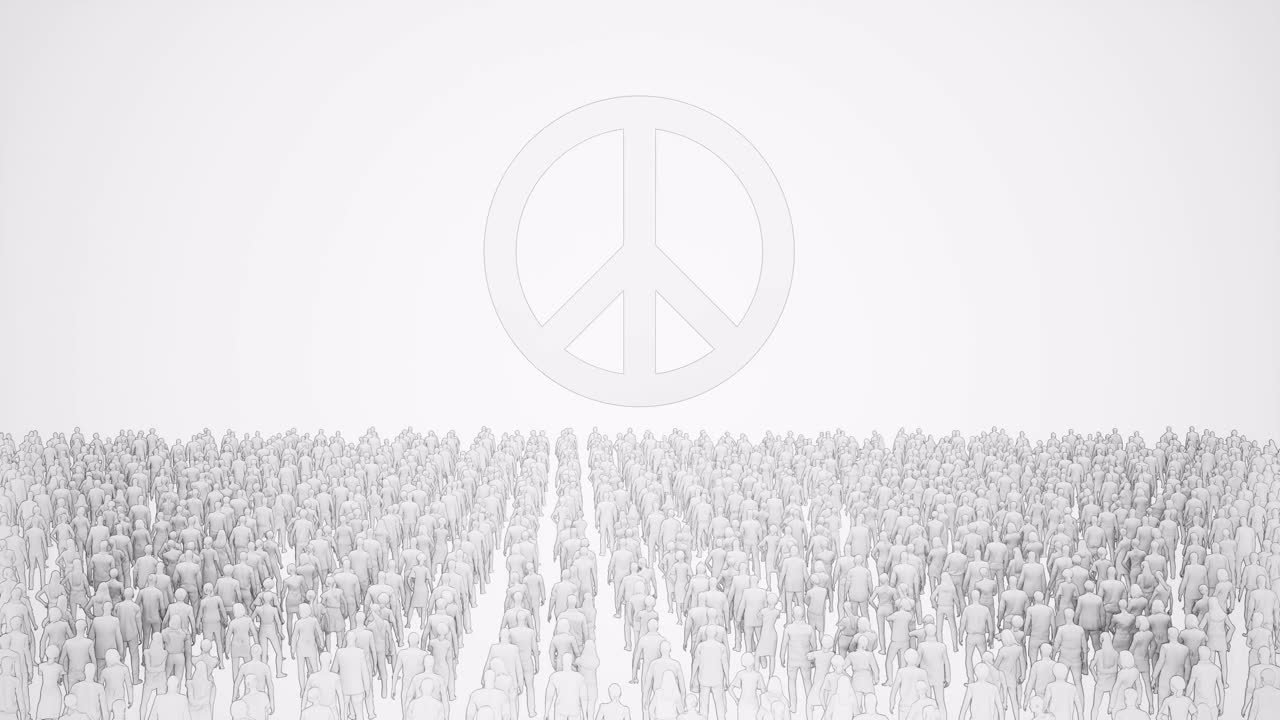 백색 배경에 거대한 평화 상징 앞에 무을 고 서 있는 군중의 그림, 3d 애니메이션, 애니메이션 장면, 정적 카메라