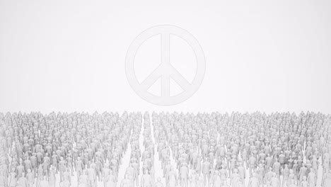 outlined-silhouettes-of-crowd-standing-idle-in-front-of-a-huge-peace-symbol-on-white-background,-3D-animation,-animated-scene,-static-camera