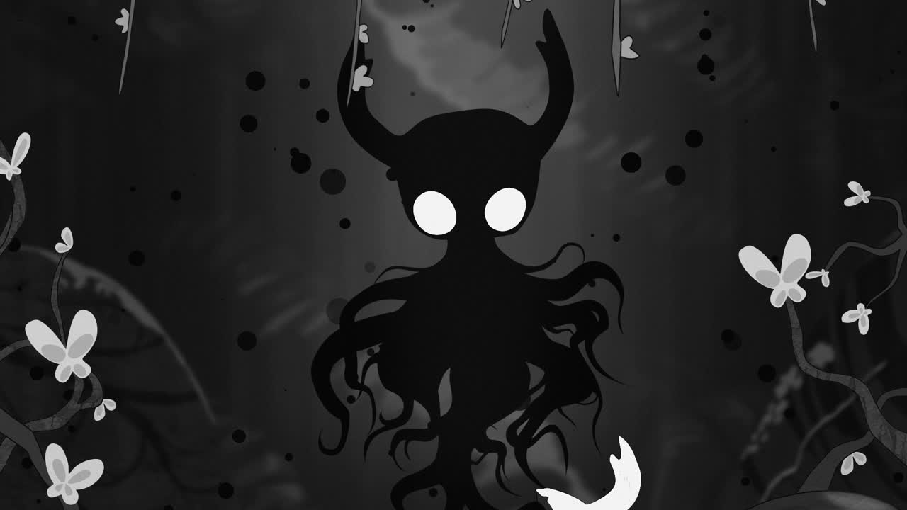 animación 2d, el personaje lindo se transforma en un personaje oscuro con tentáculos, el fondo se vuelve blanco y negro