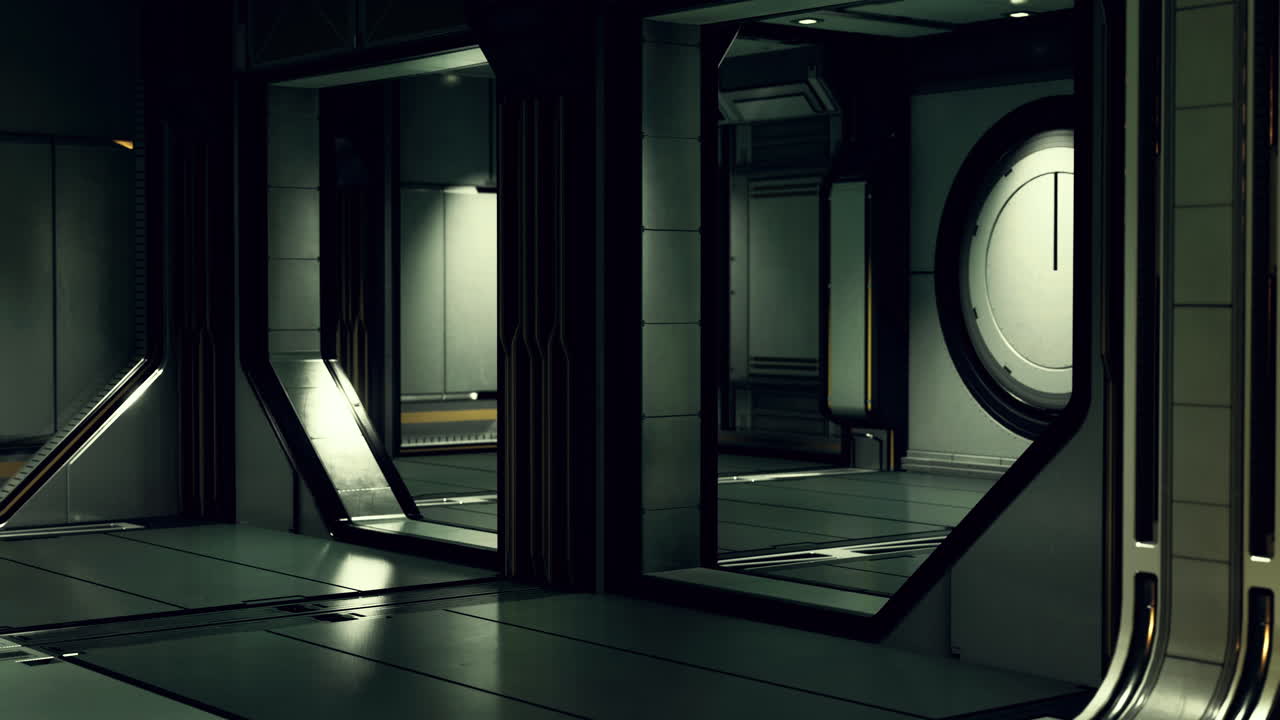 Exploring a futuristic corridor in a high tech facility at nighttime