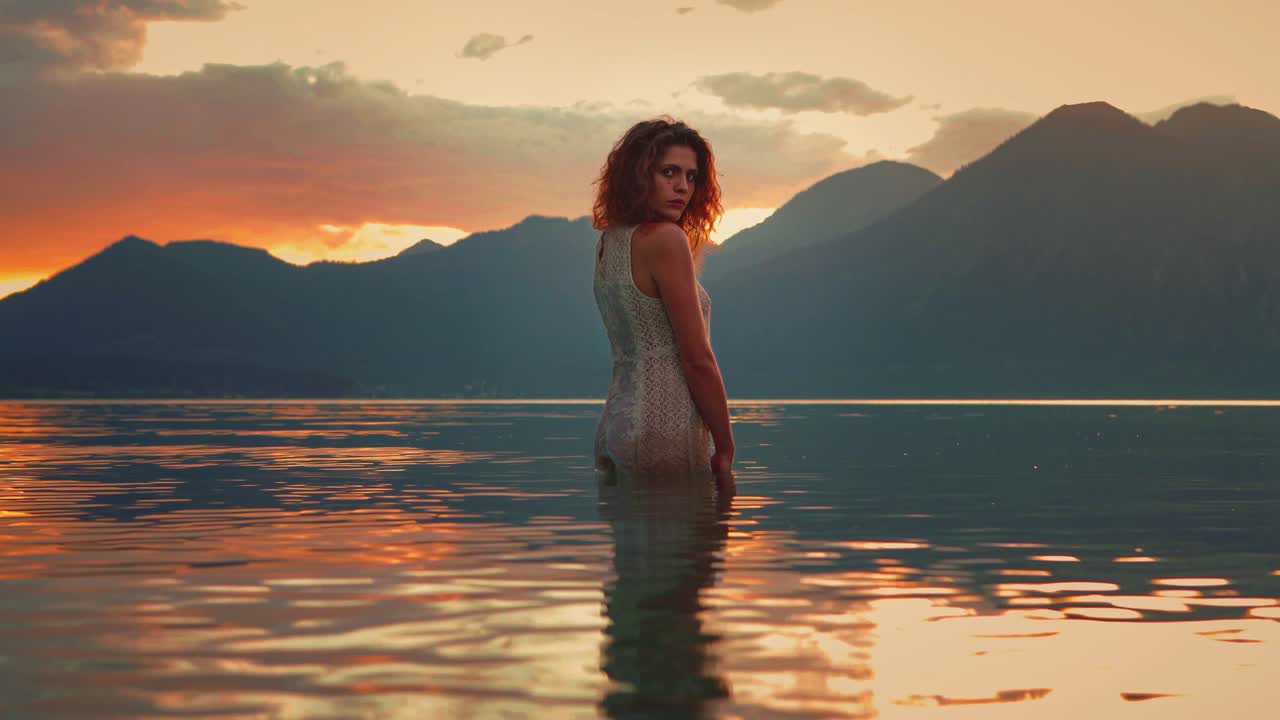 Beautiful Cinemagraph - Seamless video loop of a pretty young model woman standing in the calm waves of lake Walchensee in Southern Germany-Bavaria in a white fashion dress by sunset, facing the sun.