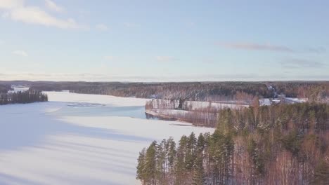 antenne au-dessus d'un lac gelé avec soleil brillant et pins verts