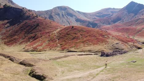 Woman-Walks-in-Green-Red-Valley-at-Prokletije-National-Park,-Montenegro---Drone-Circling-Pan