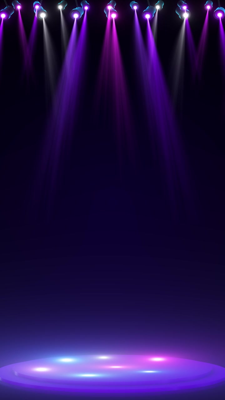Concert stage light platform purple spot beams glossy round floor dark backdrop dramatic show