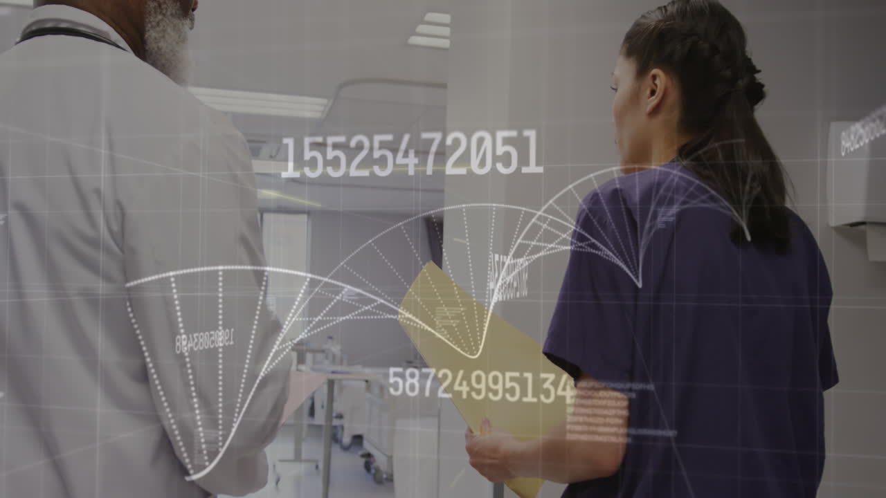 animación de la cadena de adn y procesamiento de datos en diversos médicos