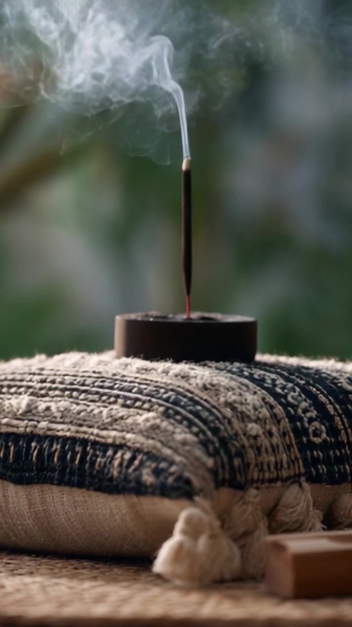 Un moment serein : la fumée d'encens s'élevant gracieusement au-dessus d'un coussin décoratif, créant une atmosphère apaisante dans un cadre paisible.
