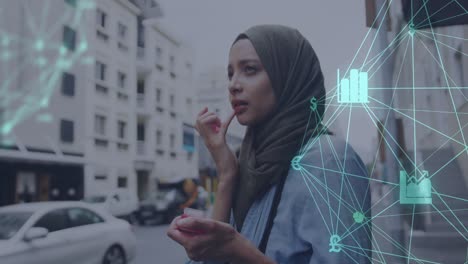 animation of a network of connected business icons and woman wearing hijab on city street