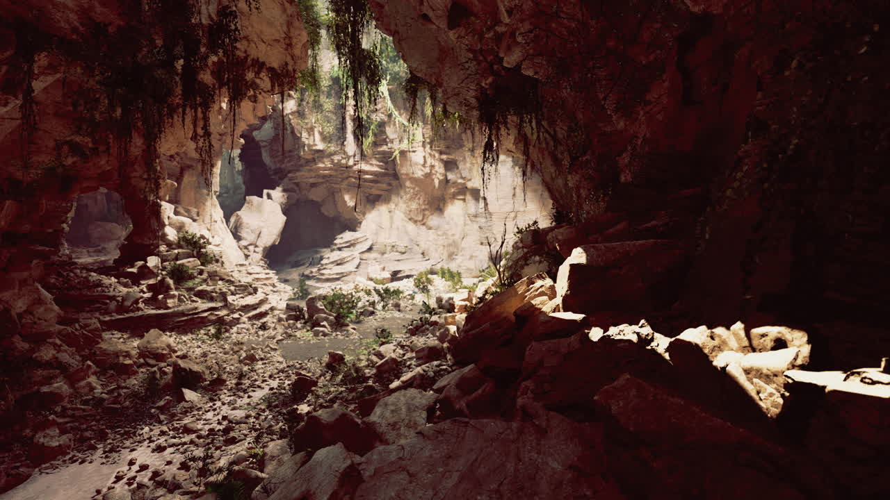 Exploring a stunning cave landscape with sunlight streaming through foliage