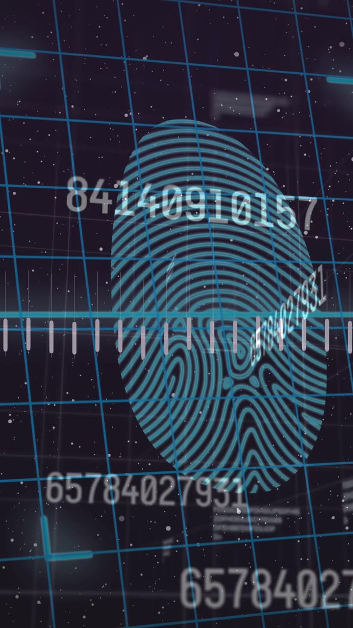 Animation of financial data processing over fingerprint on black background