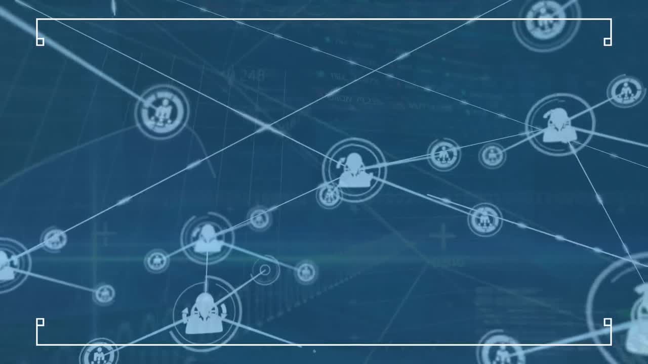 animación de iconos conectados, tablero de negociación y gráficos múltiples sobre un fondo abstracto