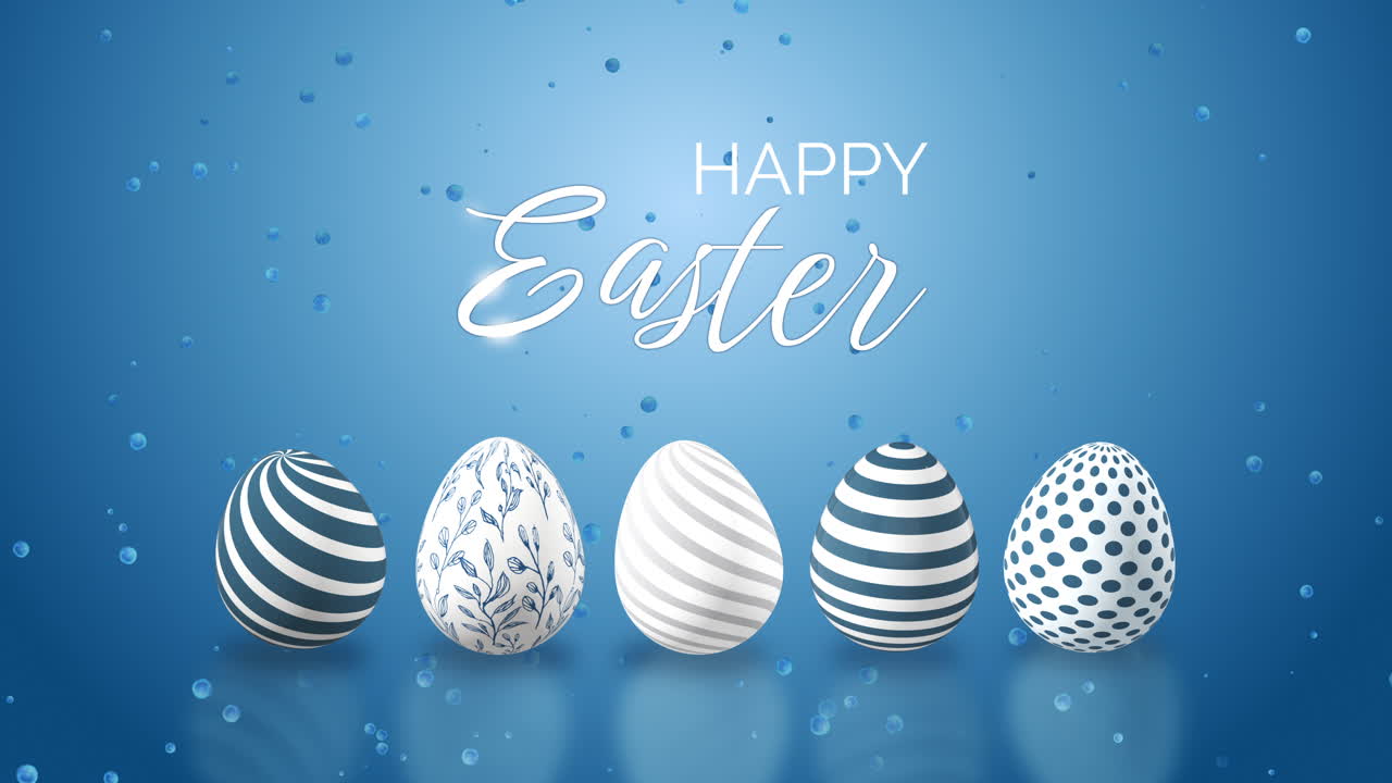 Patterned Easter eggs on blue background with text Happy Easter. Falling shiny particles on the surface. Looped 3D animation.