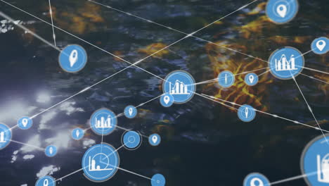 Animation-of-network-of-connections-with-icons-over-landscape