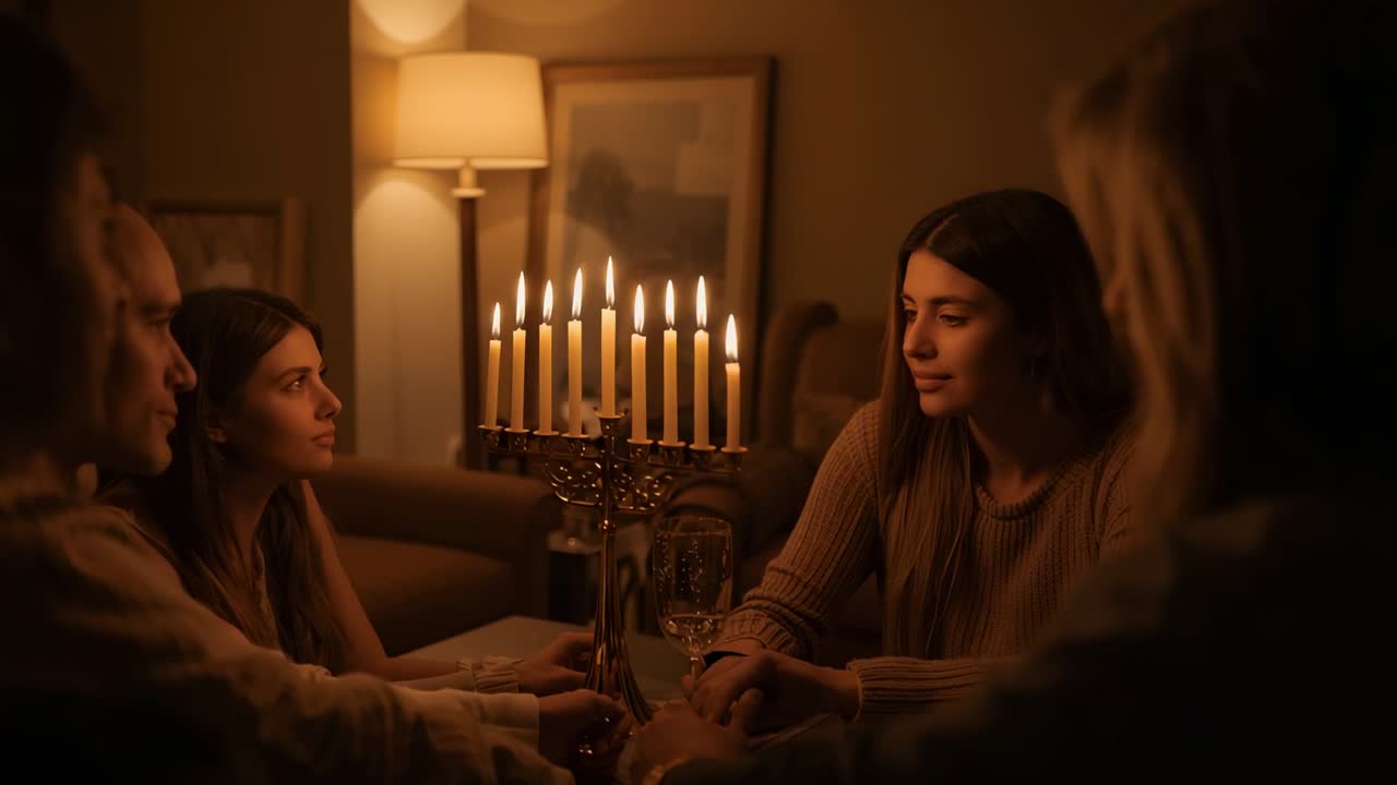 Seeing lit candelabrum, family of four joining hands around wooden table in living room for ritual