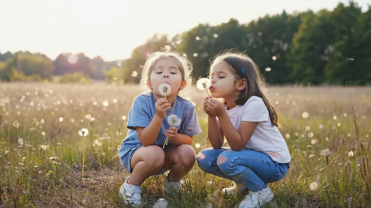 Two Girls Blowing Dandelions in a Field