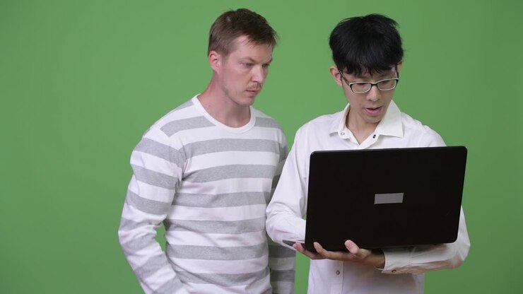 Two young multi-ethnic businessmen having meeting with laptop together