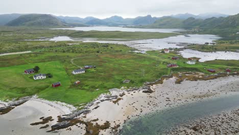 lofoten islands dramatic nature landscape and eggum fishing village - aerial 4k pedestal