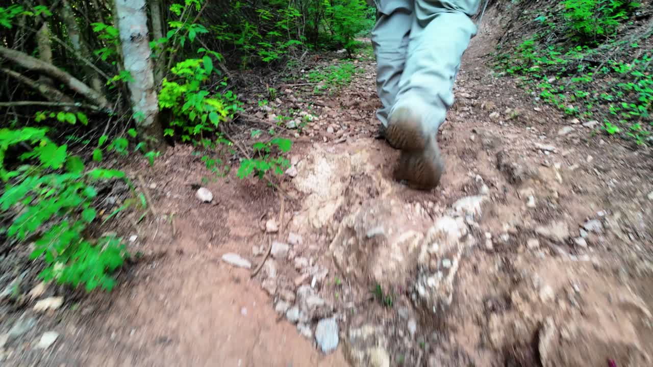 Man walk on a dirt trail through lush green foliage, close up legs, rear view