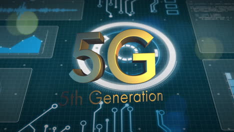 5g 5th generation text animation over digital circuit board background