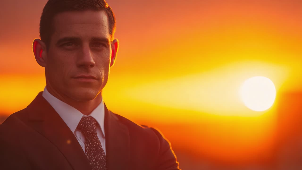 A Confident Man in a Suit Standing Against a Stunning Sunset, Radiating Determination and Success Amidst the Warmth of Twilight's Golden Hour