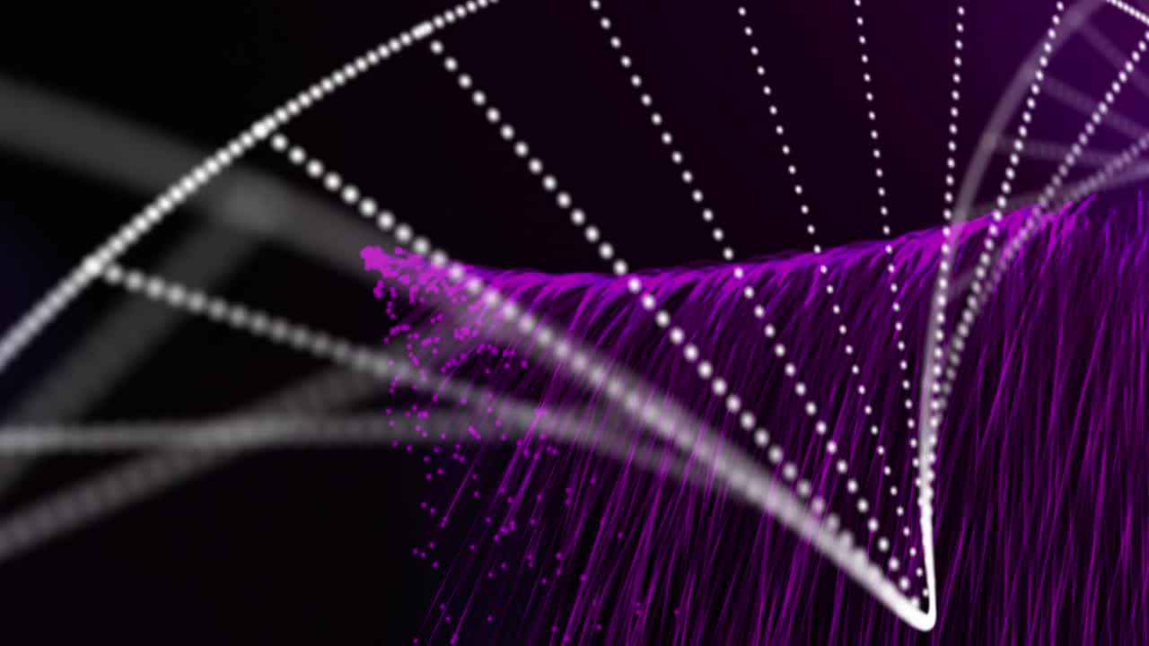 Animation of dna strand spinning with purple light trails over black background