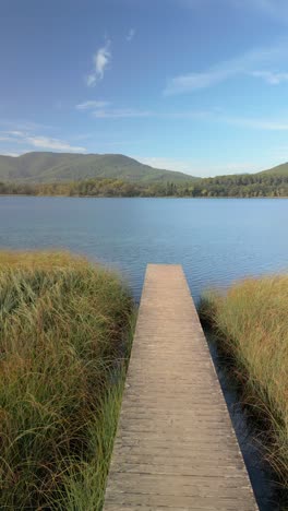 a wooden boardwalk extending through tall grass towards a calm lake. The lake is surrounded by forested hills and mountains in the background.