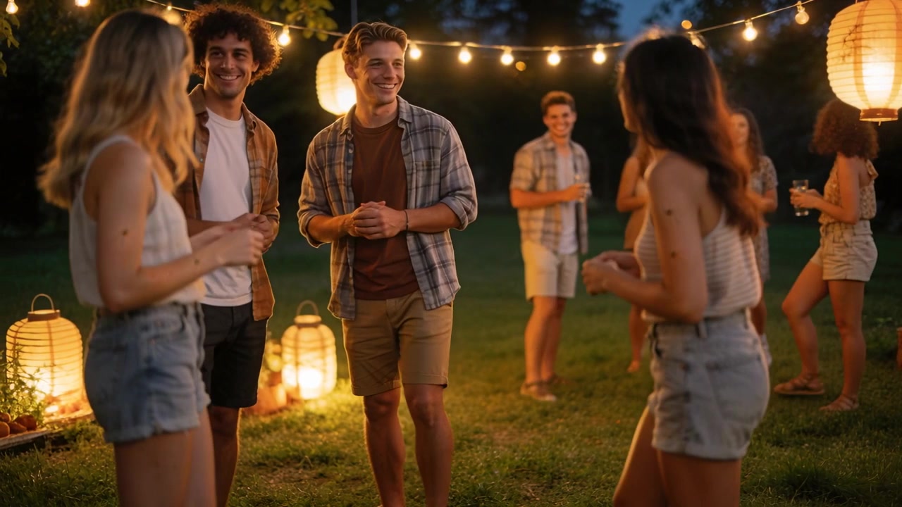Smiling central male stepping forward to toast, friends in shorts chatting on lawn under lanterns
