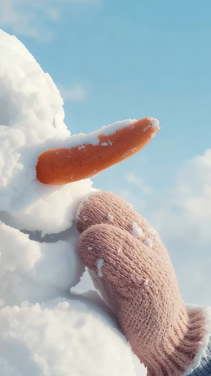 Vertical video: Seeing carrot on snow, pink mittens fitting nose into snowman head with blue cuffs