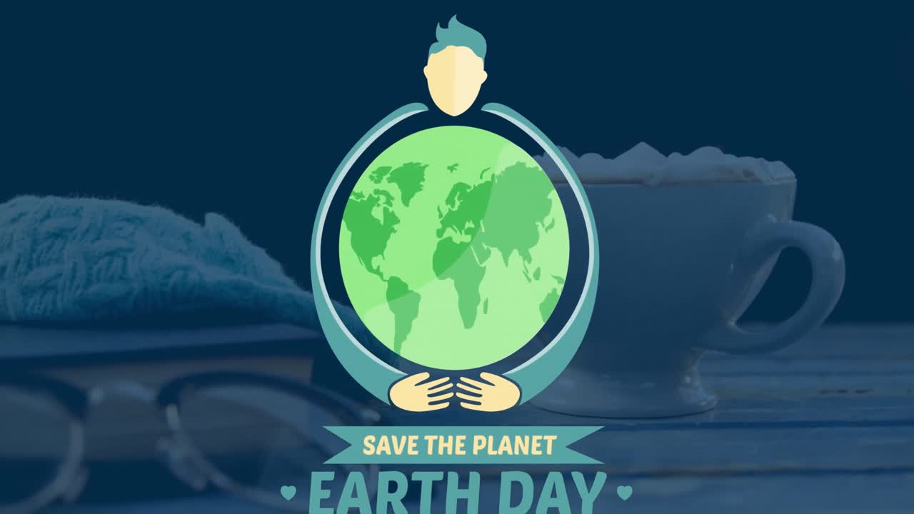 Animation of earth day text over cup of coffee