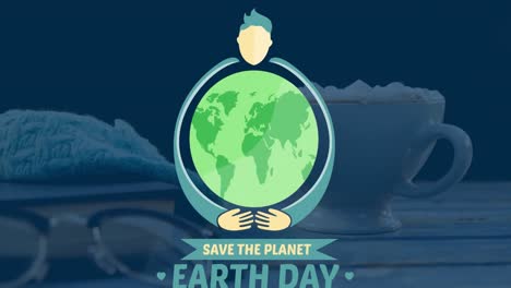 animation of earth day text over cup of coffee