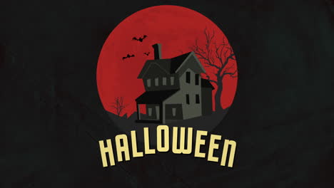 Halloween-with-old-house,-big-moon-and-fly-bats-in-night