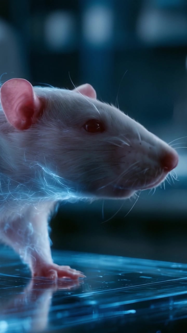 Un'esplorazione ravvicinata di un ratto da laboratorio bianco catturato in due inquadrature distinte, che mostra la sua curiosità e le sue caratteristiche uniche in un contesto scientifico