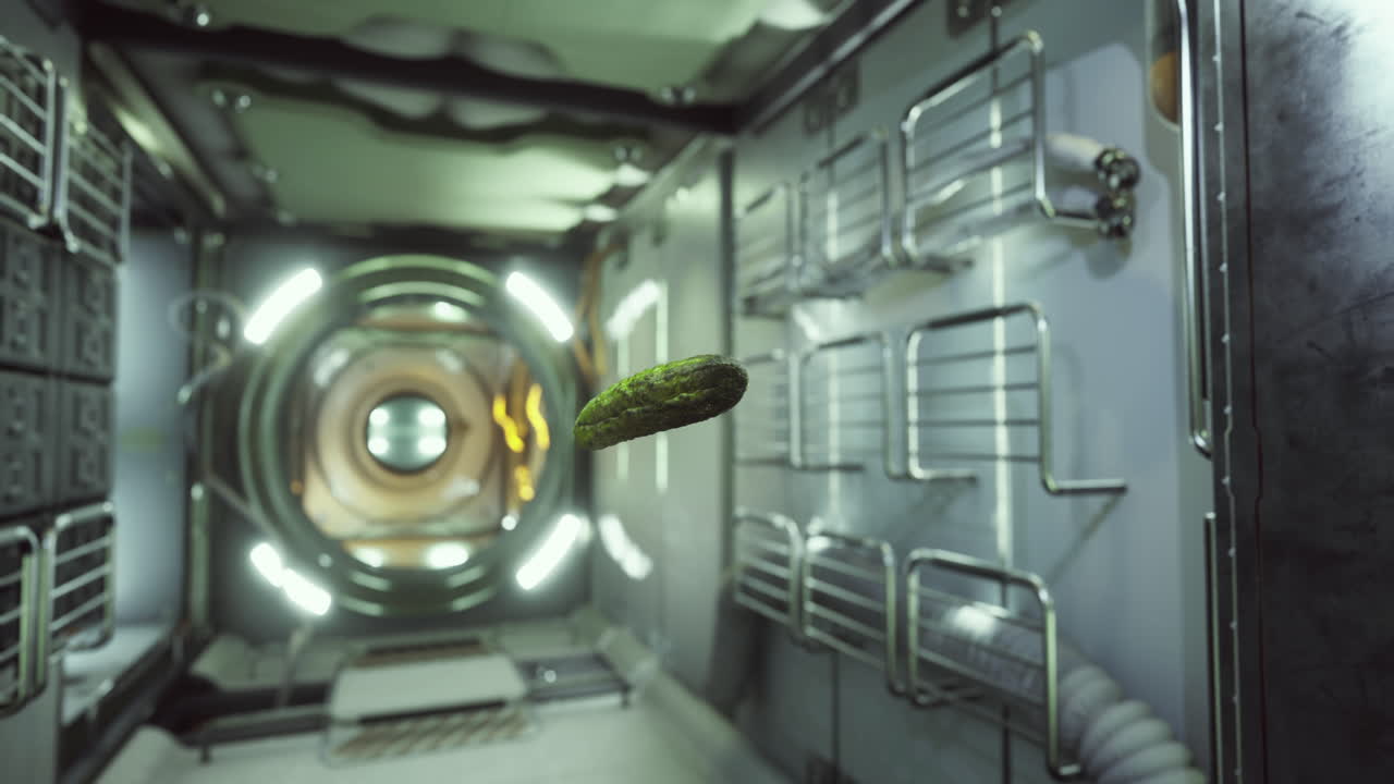 Cucumber drifts through a bright futuristic space corridor