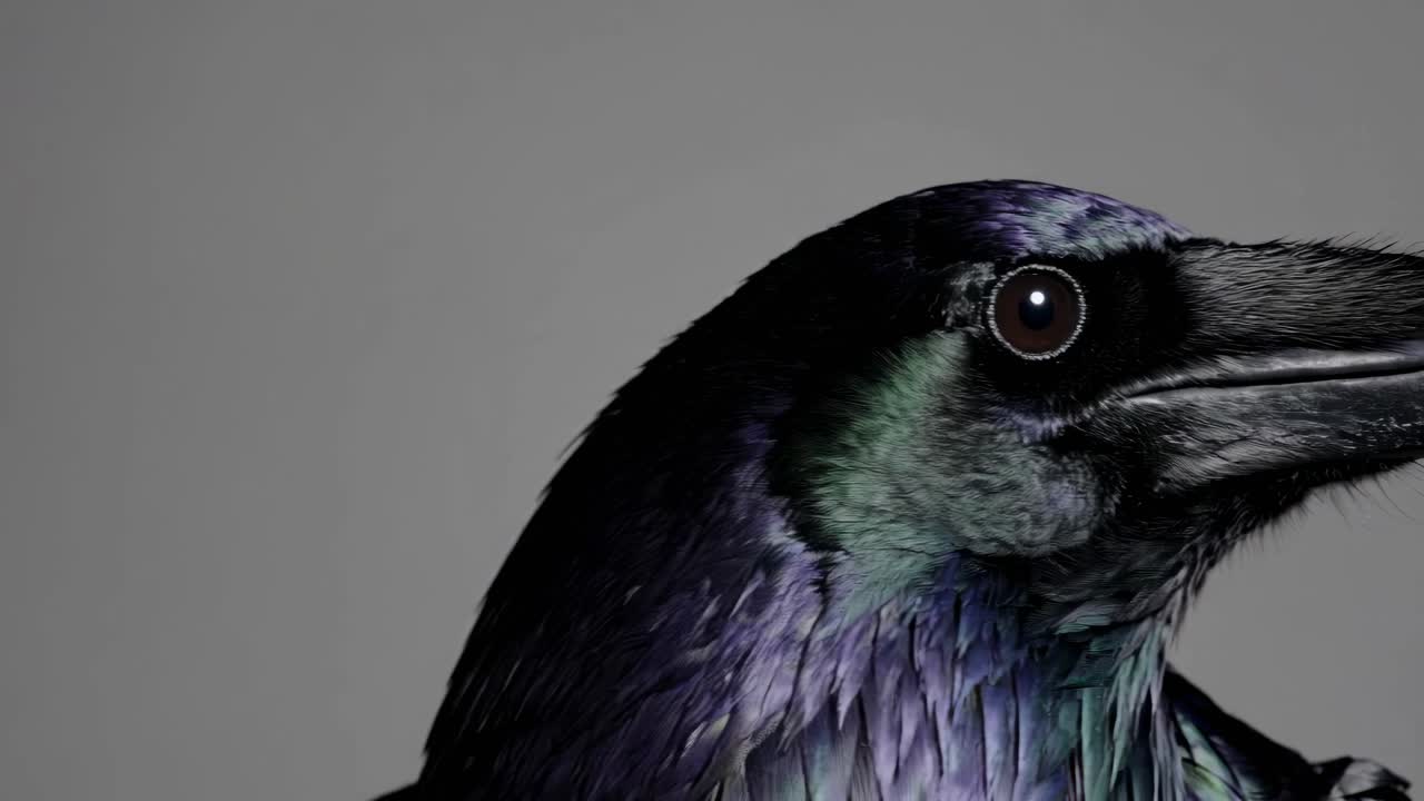 Close-up video of a raven's head in profile, showcasing iridescent feathers