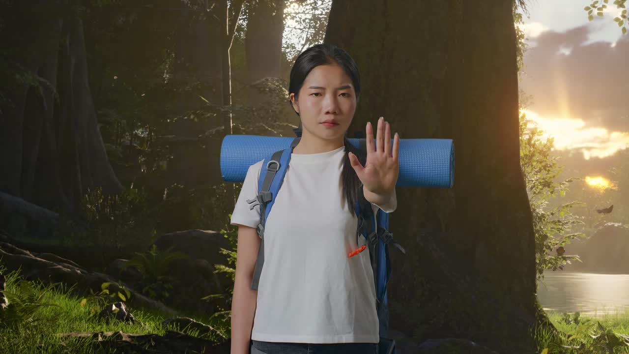 산악 배 을 들고 카메라 를 바라보며 숲 의 자연 을 탐험 하는 동안 멈추는 손 표시 를 하는 아시아 여성 산책자