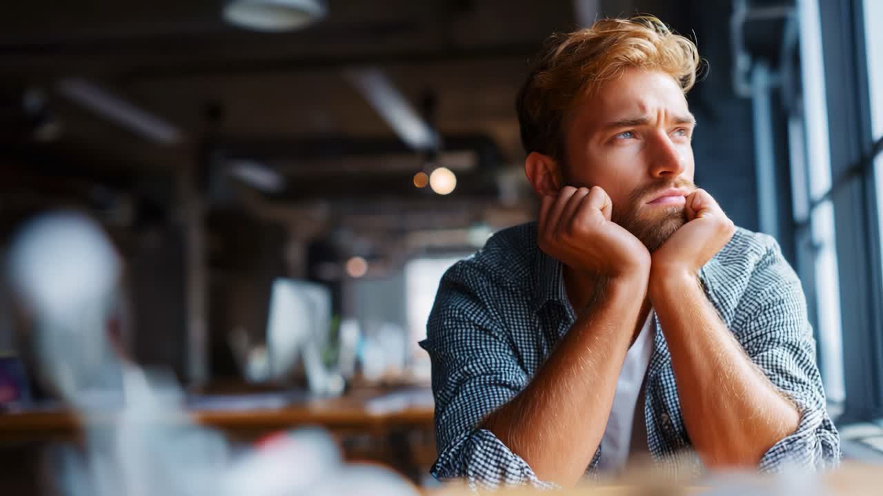 A Pensive Young Man Lost in Thought: Reflecting in a Modern Workspace, Contemplating Life's Challenges and Aspirations, with a Scenic View from the Window