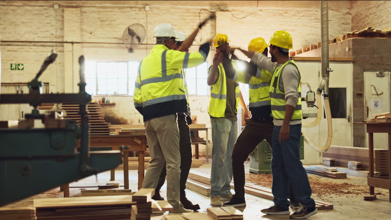Construction workers in a woodshop
