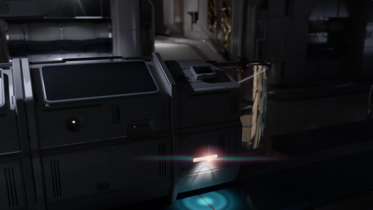 Mysterious industrial setting with futuristic technology in low lighting